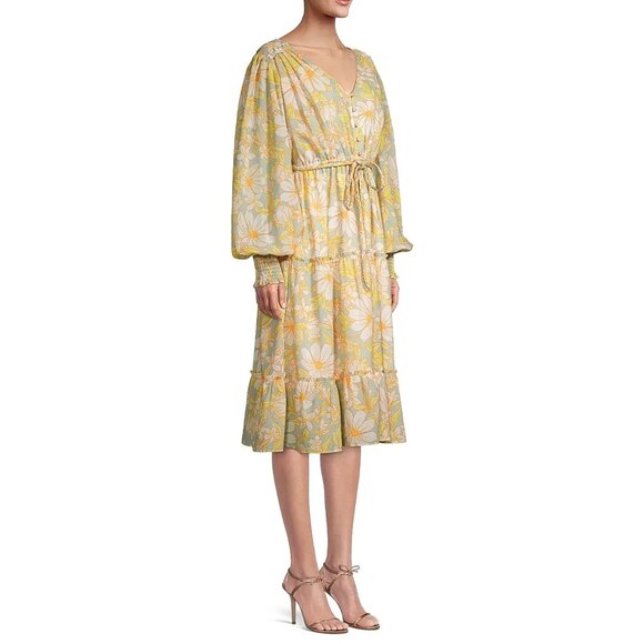 Rachel Parcell Daisy Floral Chiffon Drawstring Midi-Dress Light Blue Yellow Med - Picture 3 of 13